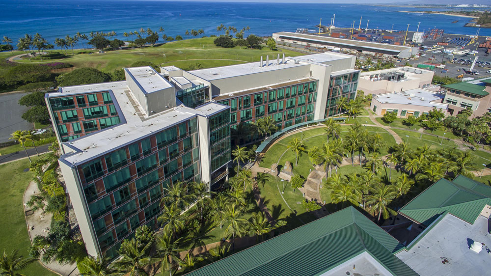 Aerial photo of the UH Cancer Center in Kakaako
