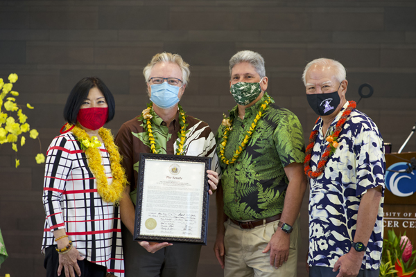 From left to right: Senator Sharon Moriwaki, UH Cancer Center Director Joe W. Ramos, UH President David Lassner, Representative Gregg Takayama